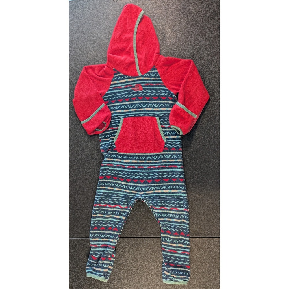 The North Face Infant Fleece Hooded Bunting 18-24M Red Blue Geometric One Piece